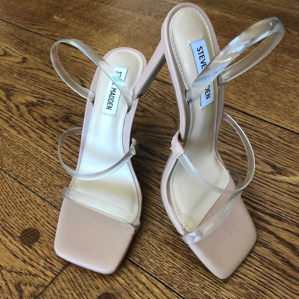Nude sandal heels with clear straps